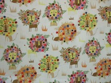 LIONS MOD LION FACES GRASS FLOWERS DIGITAL PRINT OFF WHITE COTTON FABRIC FQ