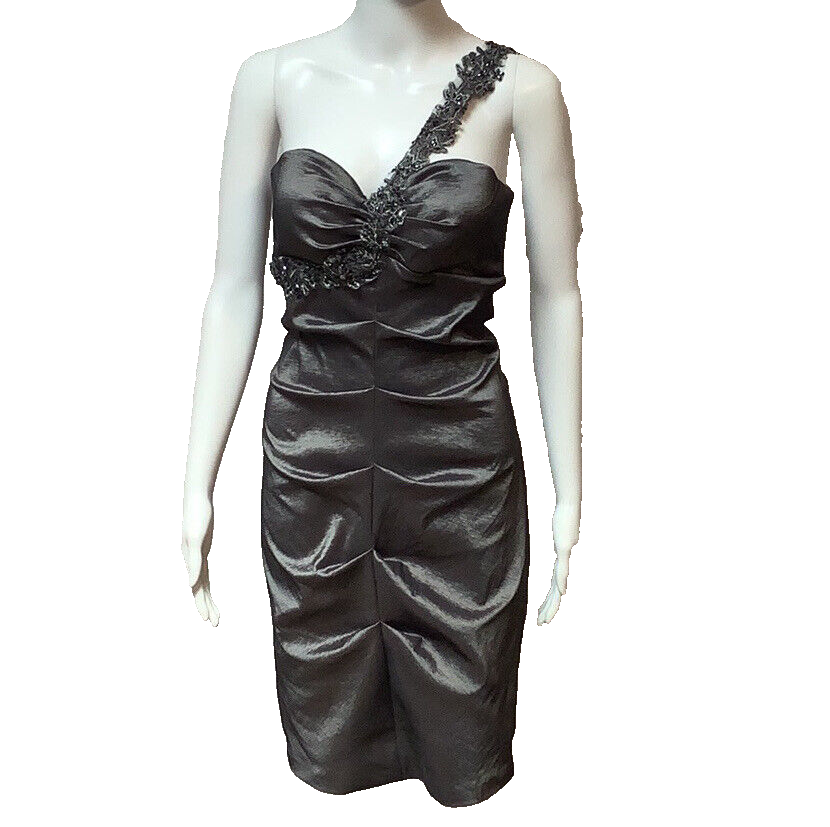 XSCAPE Gray Metallic Beaded One Shoulder Ruched Bodycon Stretch