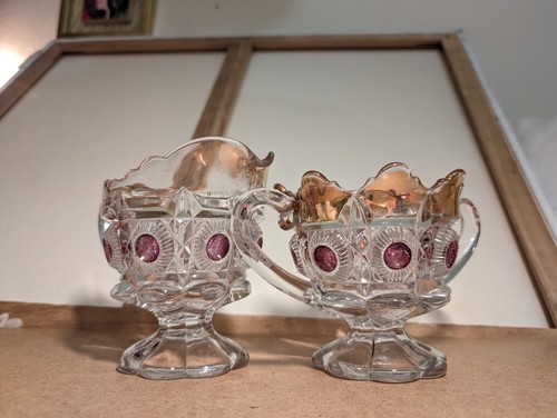 EAPG U.S. Glass Newport Bulls Eye & Daisy Gilded Ruby Stain Cream Sugar Set - Picture 2 of 6
