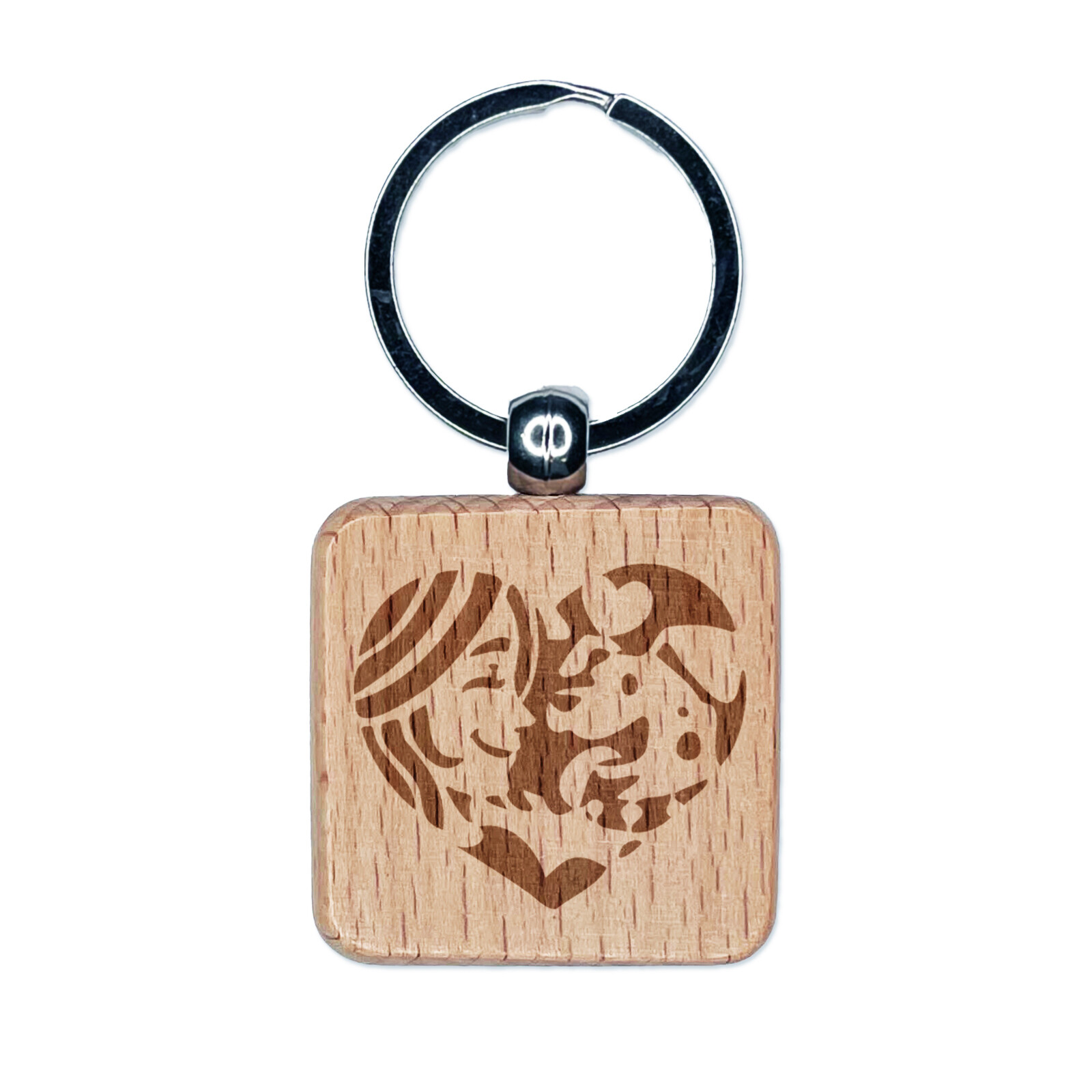 Woman with Dog Puppy Pet in Heart Engraved Wood Square Keychain Tag Charm