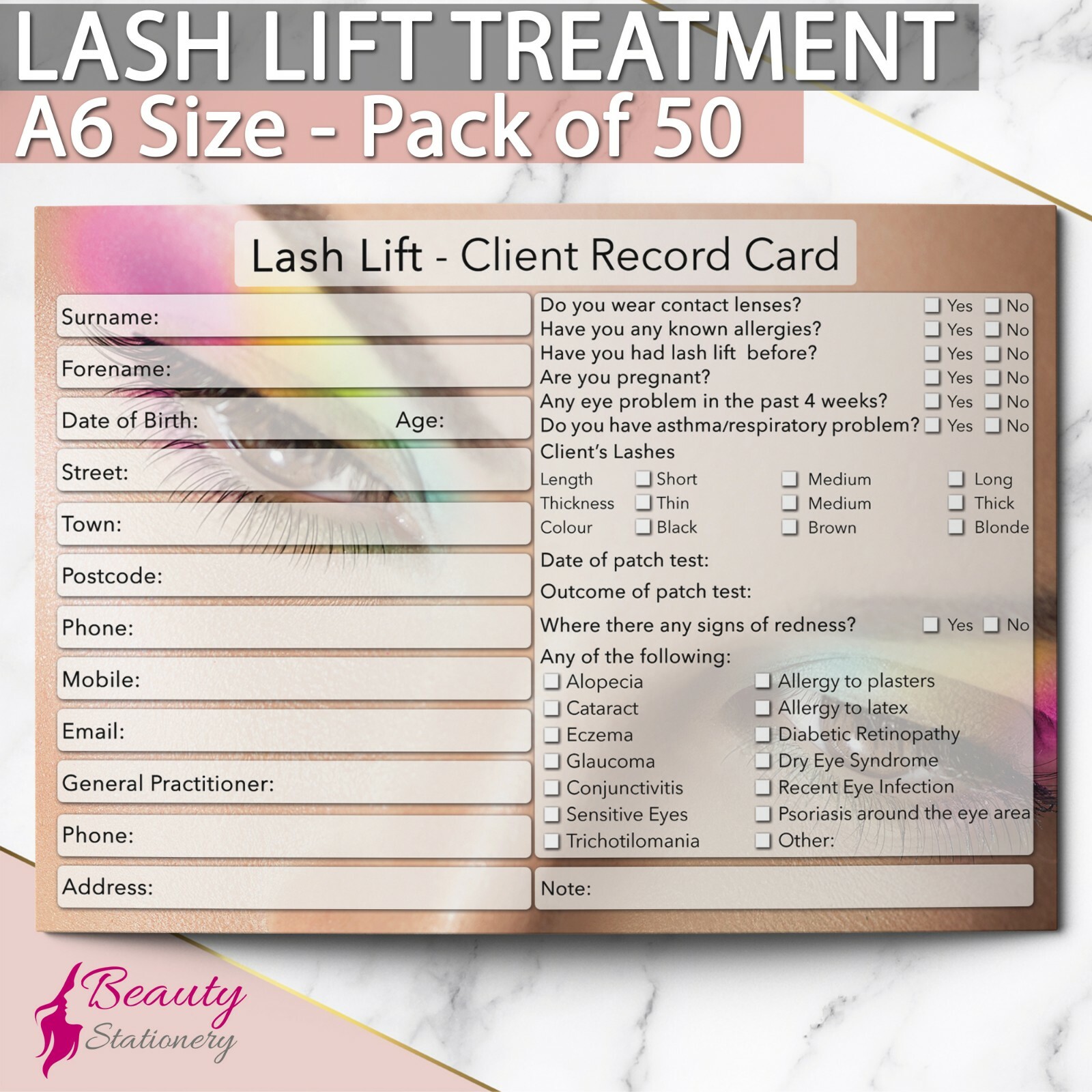 Lash Lift Client Record Card NEW - PREMIUM Treatment Cons. A6 Pack of 50