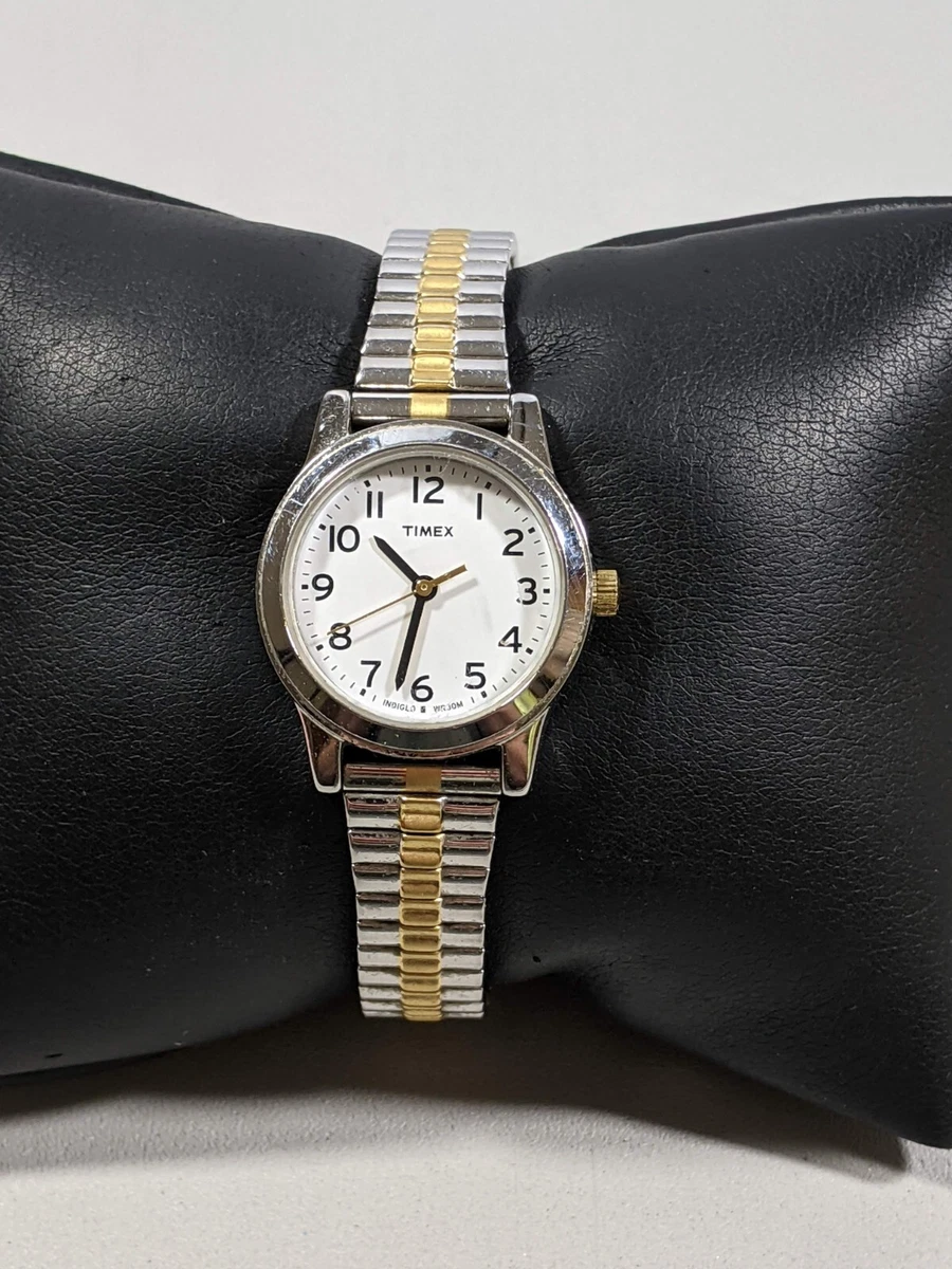 Timex Indiglo White Dial Silver Tone Round Case Two Tone SS Stretch Band Watch
