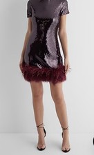 Sequin Crew Neck Feather Hem Mini Dress