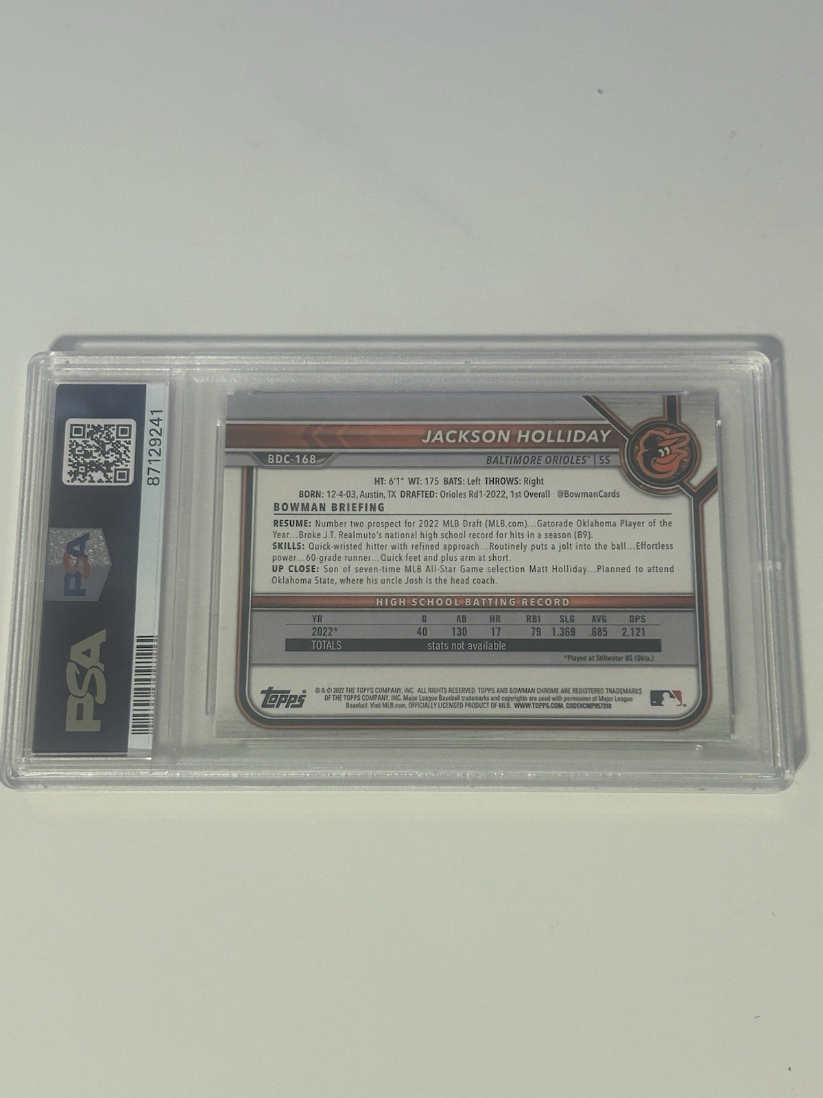 2022 Bowman 1st Chrome Jackson Holliday PSA 10 (RC) view 2
