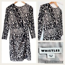 WHISTLES Animal Print Dress Size 8 Black Beige Silk Leopard Pleated Shift Office