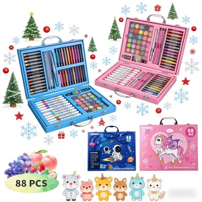 Kids Art Set 88 Piece Graphic Drawing Painting Carry Case Pens Pencils Crayons