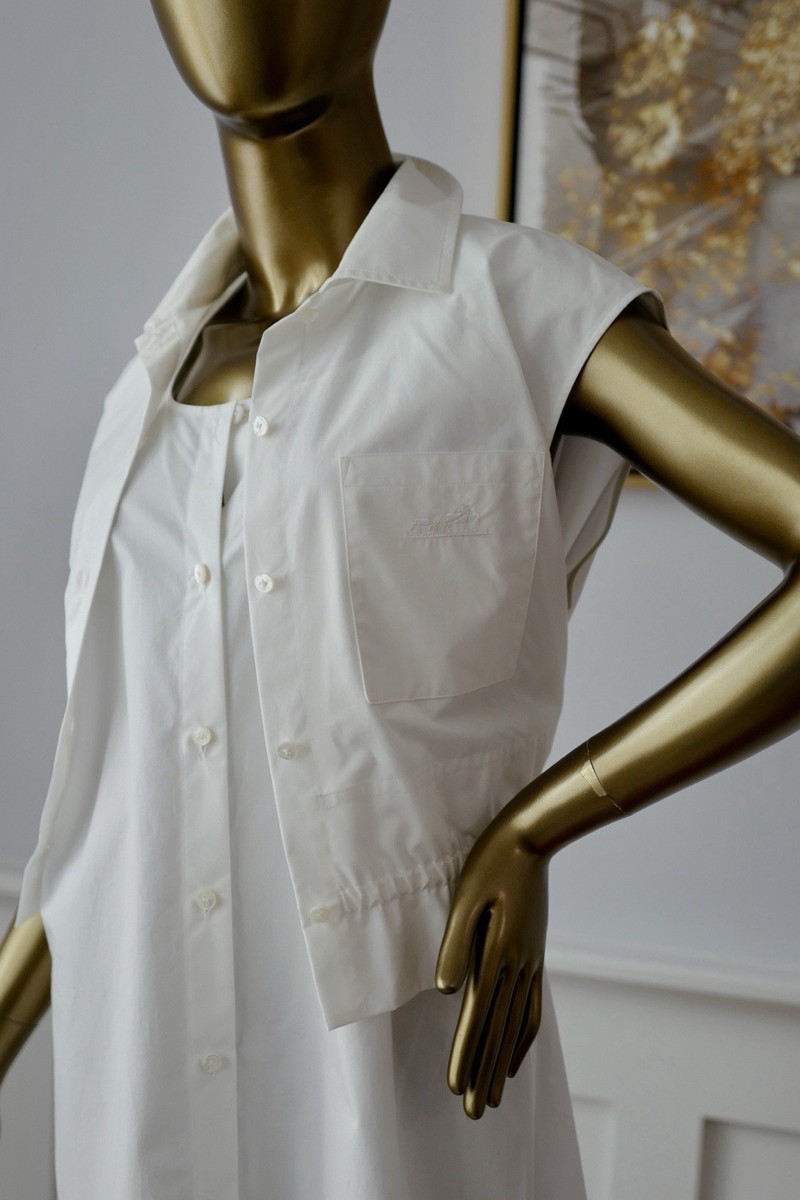 Hermes Robe Inspi Chemise 90 Blanc White Cotton Dress Size 40 NEW  