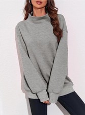 Womens Heather Grey Mock Neck Sweatshirt Relaxed Comfy Athleisure