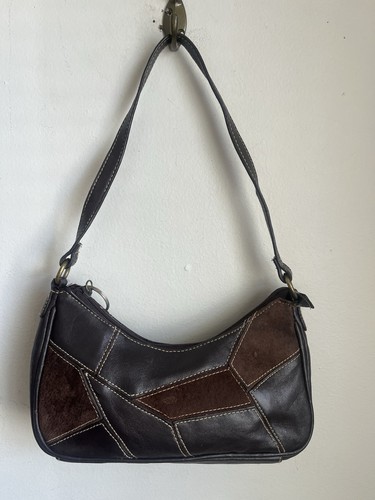 Vintage Y2K Brown Leather Patchwork Bag 90s Purse Mini Shoulder Bag Yo MTV Raps - Picture 6 of 14