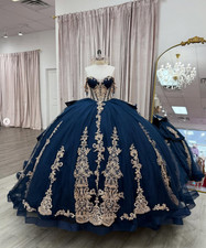 Navy Quinceanera Dresses Gold Appliques Off Shoulder Sweet 16 Prom Ball Gowns