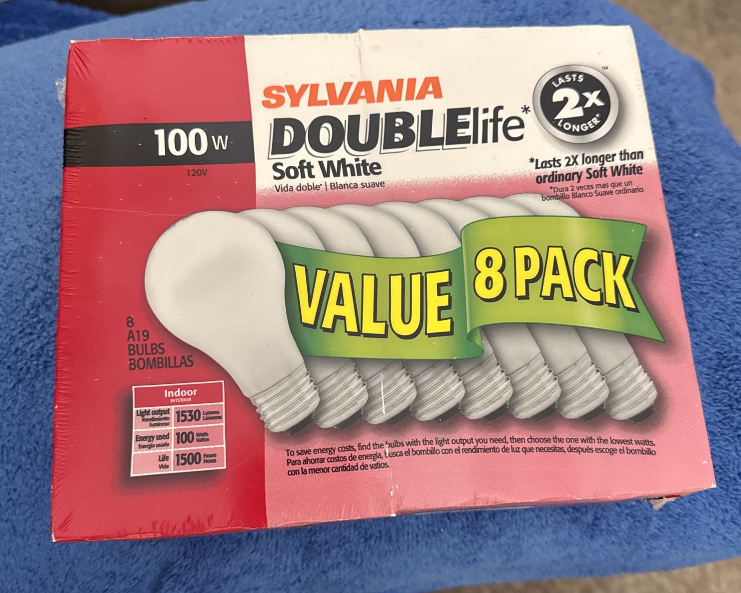 One Pack of 8: Sylvania Double Life 100W Soft White Light Bulbs (Sealed)