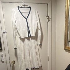 Vintage White Top  Pleated Skirt Set Long Sleeve Jacket, Black Trim