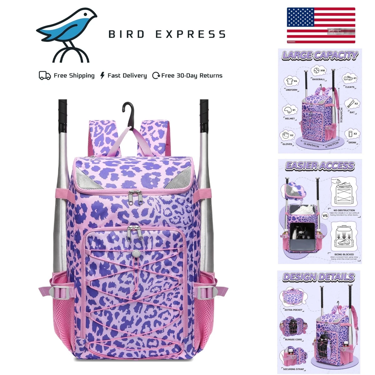 Sac De Transport EALER Pour Batte De Baseball Et Softball – Camouflage/Violet – Neuf (défaut Mineur Possible)