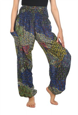 Damen Haremshose mit gesmoktem Buntes Pfauenmuster 3 Blau B S