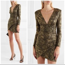 Alice + Olivia Diaz Plunging Long Sleeve Dress Black & Gold Ruched Mini Size 6