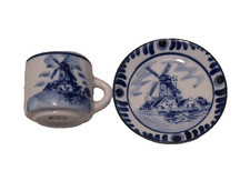 Vintage Delfts Blue  White Hand Painted Mini Plate and Cup Mug, 2 inch plate
