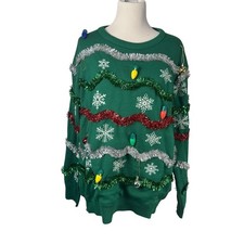 Ugly Christmas Sweater XL Green Snowflake Light Up LED Tinsel Garland Ornaments