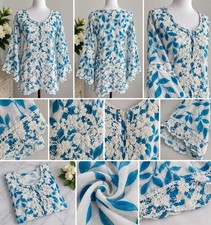 White Blue Floral Lace Blouse, Scoop Neck, 3/4 Sleeve, Pullover, S