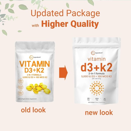Micro Ingredients Vitamin D3 5000 IU with K2 100 mcg, 300 Count (Pack of 1) - 第 3/7 張圖片