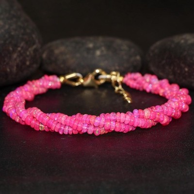 Pink Twisted Ethiopian opal gemstone 18k gold handmade bracelet jewelry Gift b4