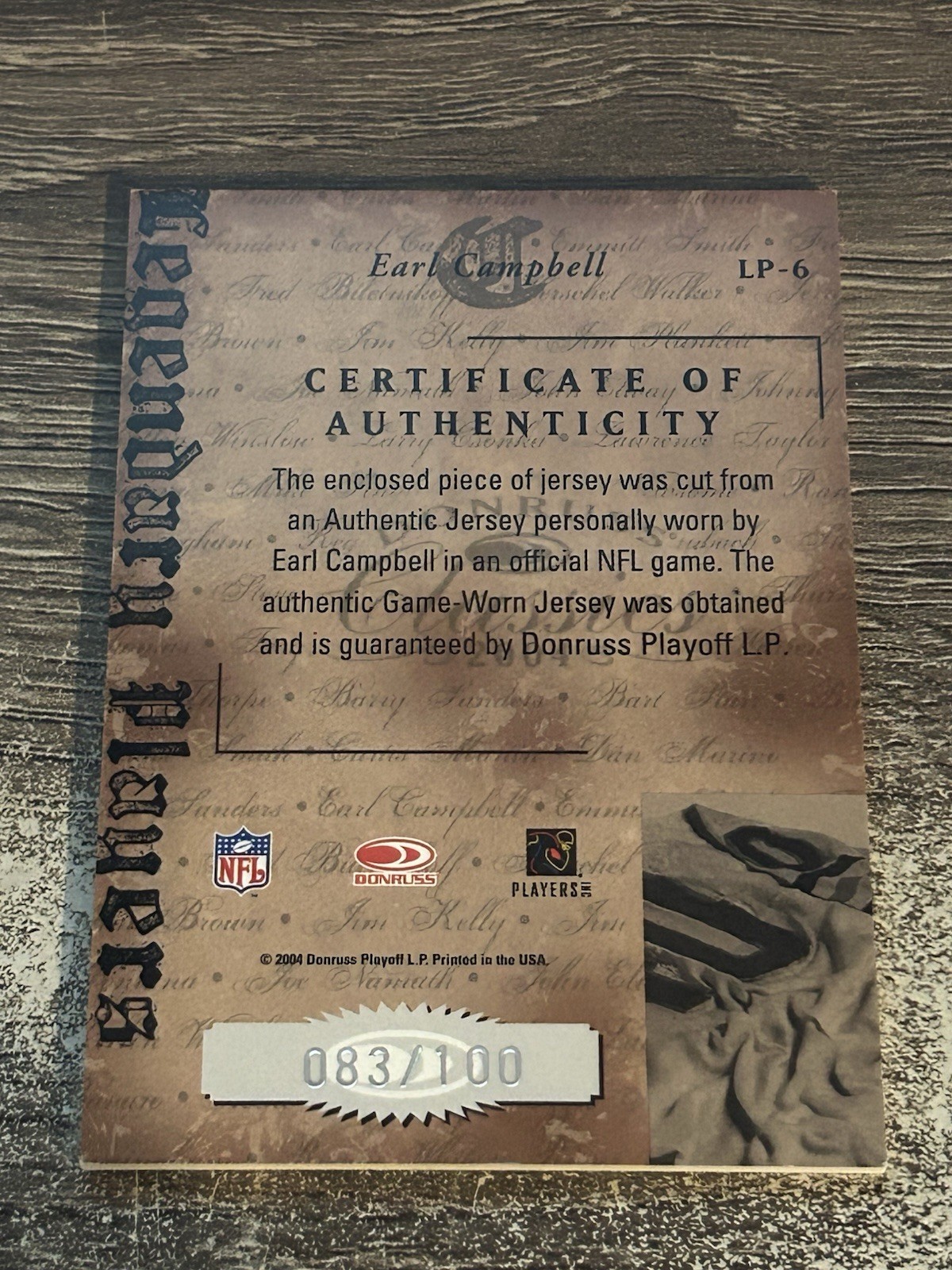 Earl Campbell 2004 Classics Legendary Players JERSEY (083/100) HOF GAME USED SP view 2