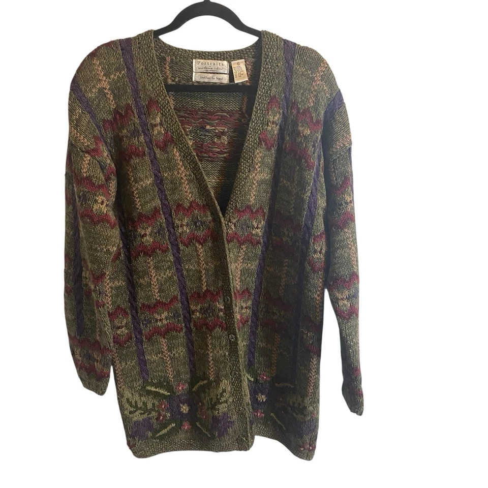 北岛肖像毛衣女式 XL 手工针织开衫花卉条纹 — 第 4/4 张图片