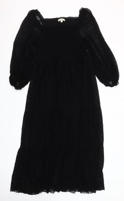 Max Studio Damen Kleid schwarz Midi gesmokt Puffärmel A-Linie Größe M