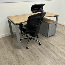 Double Wave Desk, P. Cherry / Grey, Scalloped, W1400mm w/ Pedestal