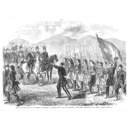 GREECE King George I Reviewing Troops at Athens - Antique Print 1863