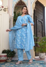 Traditional Women Sky Blue Cotton Kurta Set Elegant Floral Print Indian Ethnic
