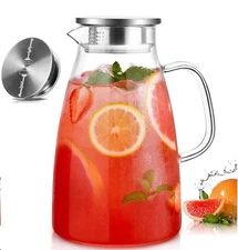 Glass Pitcher with Lid, Handle for Hot/Cold Beverages, Juice, Tea