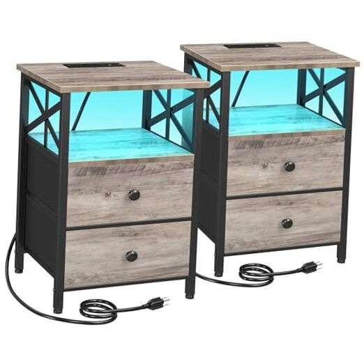Greige LED Nightstand Set with Charging Station and 2 End Tables
