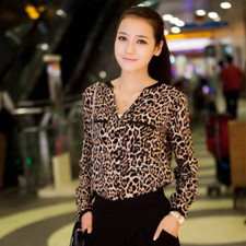 Spring Women Loose Casual Leopard Print Stand Collar Chiffon Long Sleeve Shirt