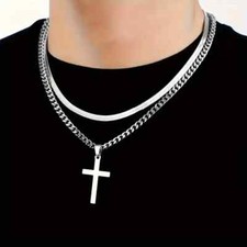 2 pcs Men Stainless Steel Cross Pendant Necklace Hip Hop Chain Silvery Gift Set
