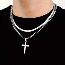 2 pcs Men Stainless Steel Cross Pendant Necklace Hip Hop Chain Silver Color Gift