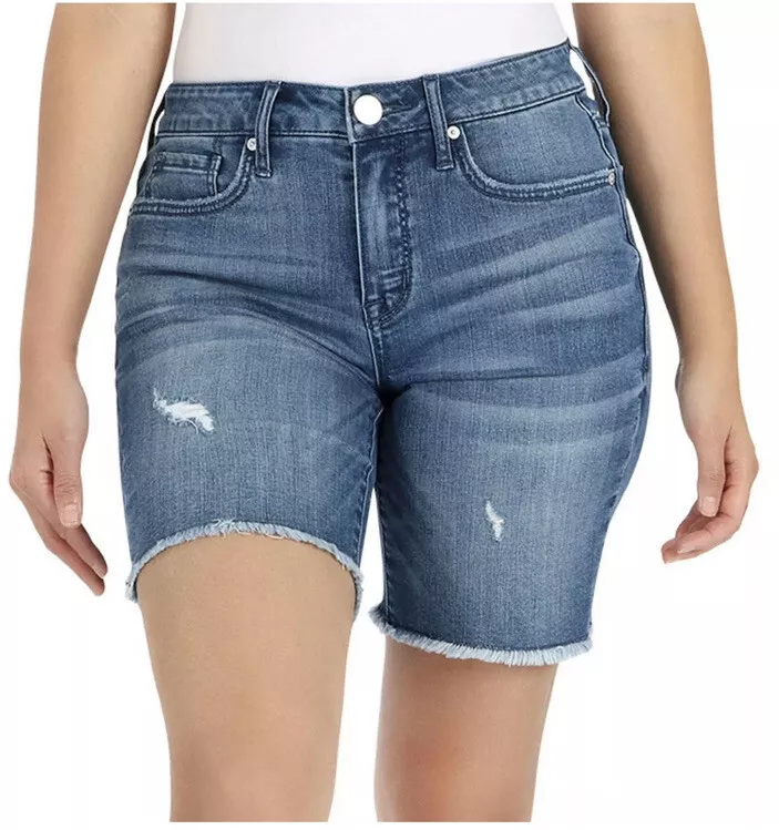 Seven 7 Sunset Bermuda Medium Wash Denim Shorts Fray Hem Size 12