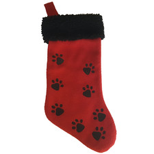 18" Pet Stocking Red  Black w/ Black Paw Prints Christmas