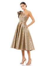 Mac Duggal 67906 Bronze Metallic One Shoulder Bow Tea Midi Dress- NWT Size 2