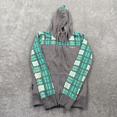 Zoo Yark Full Zip Plaid Shoulder Fleece Hooded Jacket Women's Size S Gray