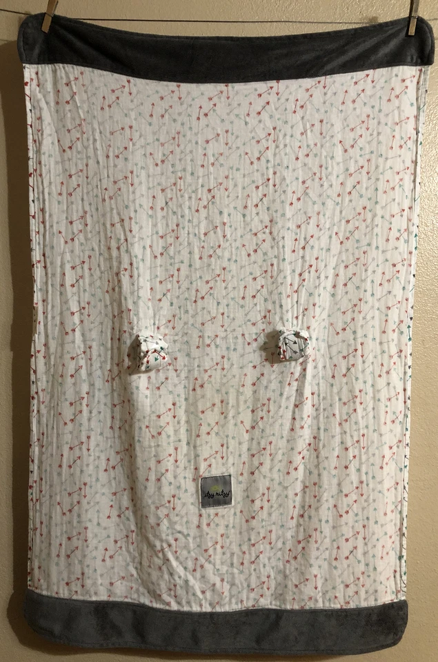 Cubierta de dosel Itzy Ritzy Cozy Happens para asiento de coche infantil muselina gris rojo verde azulado flechas Foto 3 de 4