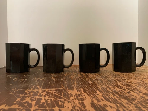 4 Vintage Arcoroc France Black Octime Octagonal Coffee Mug 