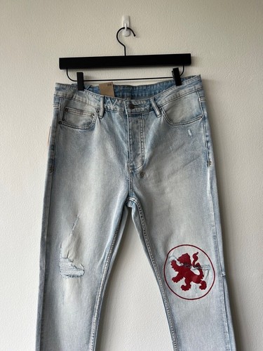new Ksubi mens denim jean chitch 34 slim light blue red lion print trashed - Picture 2 of 8