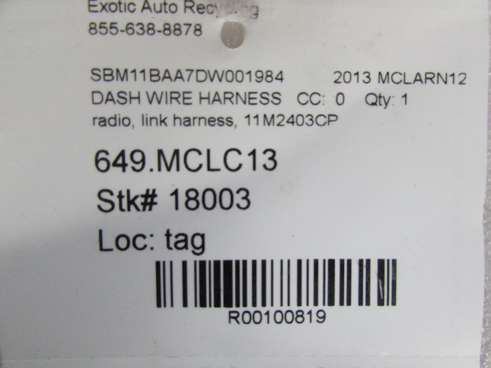 McLaren MP4-12C Radio Link Wire Harness, Used, P/N 11M2403CP