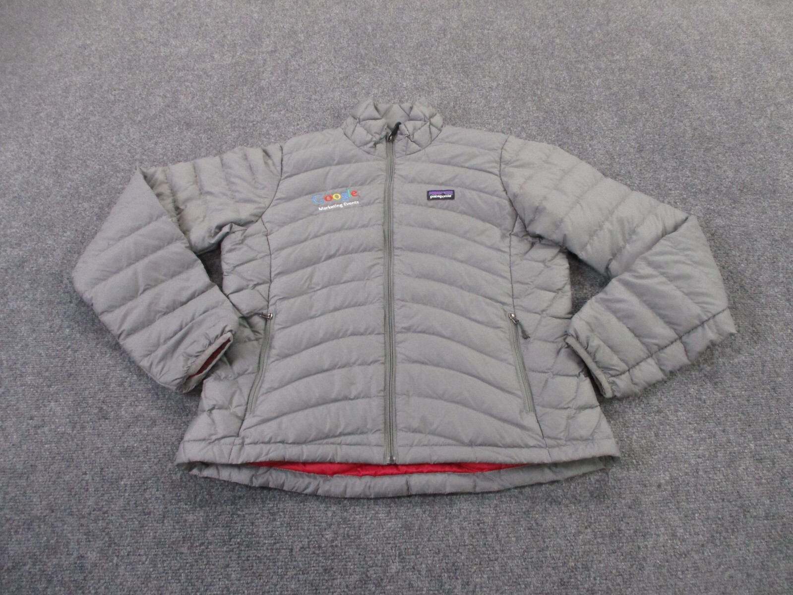 Patagonia Jacket Womens L Gray Down Sweater Puffer Quilted Google Logo Hiking