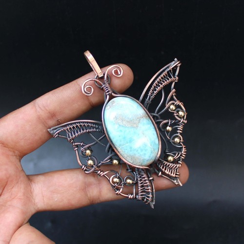 Larimar Pendant Copper Wire Wrapped Butterfly Pendant Gemstone Wire Wrap Jewelry - Picture 7 of 7