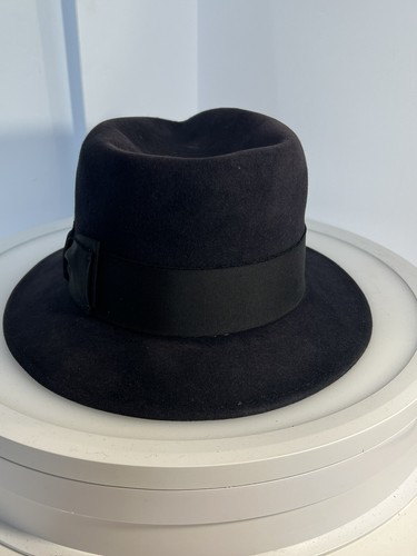 Marca castoro Fedora nero con fascia nera 100% feltro di pelliccia - 7 1/4 con coperchio in plastica - Foto 3 di 9