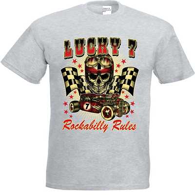 T Shirt grau Hot Rod-,US Car& `50 Stylemotiv Modell Lucky 7 Rockabilly Rules