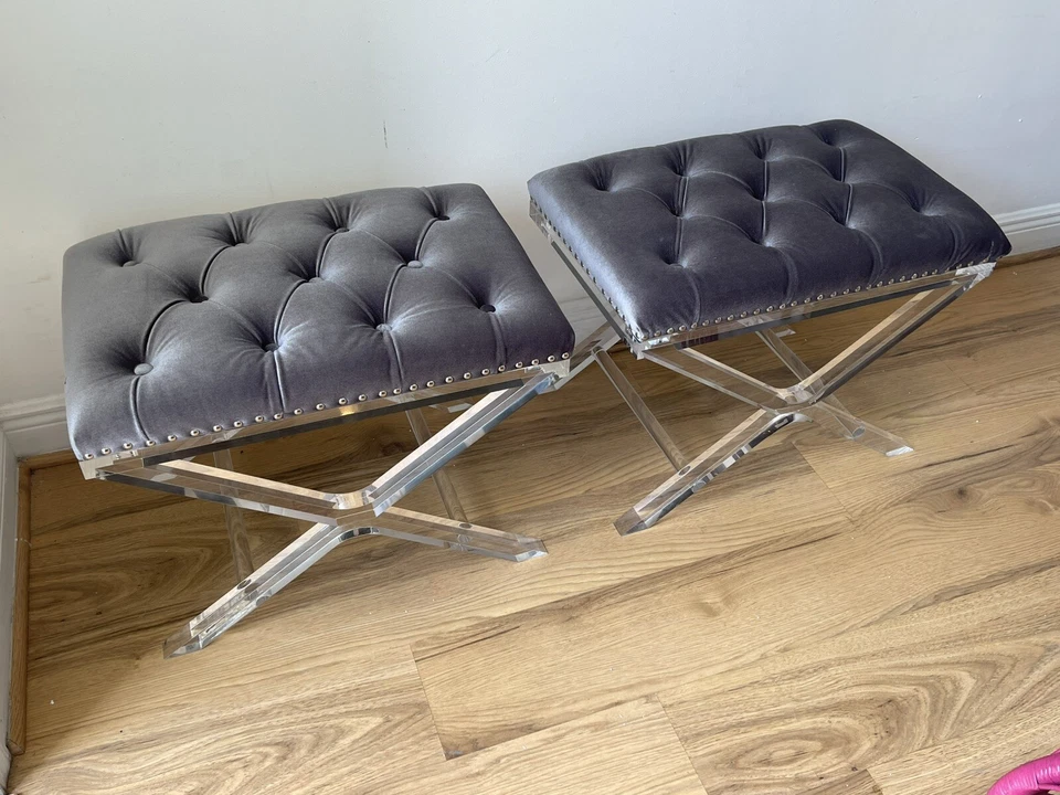 Par de 2 taburetes de tocador estilo Billy Baldwin vintage Lucite X-Bench MCM acolchados Foto 2 de 4