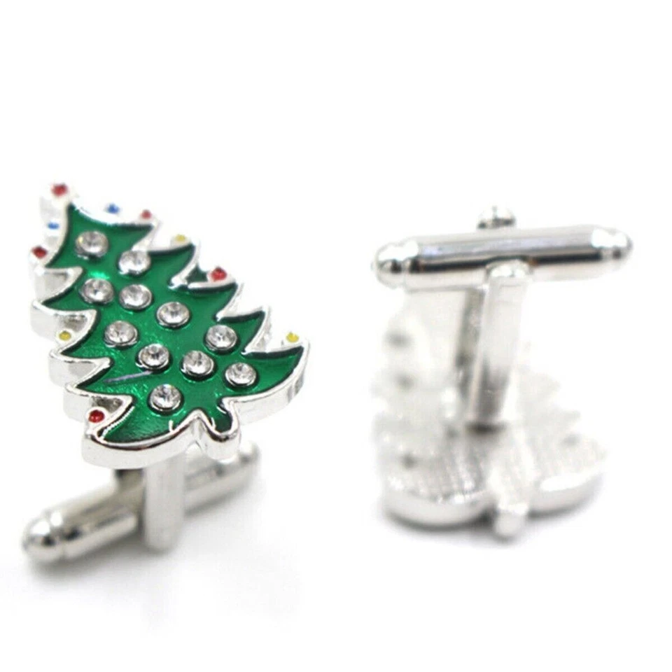 Crystal Enamel Christmas Tree Cufflinks Mens Cuff Links Jewelry Wedding Party CX - Image 3 of 4