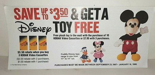 DISNEY KODAK EXPIRED REBATE OFFER MICKEY MOUSE PLUSH TOY VIDEO TAPE VHS disney-kodak-expired-rebate-offer-mickey-mouse-plush-toy-video-tape-vhs
